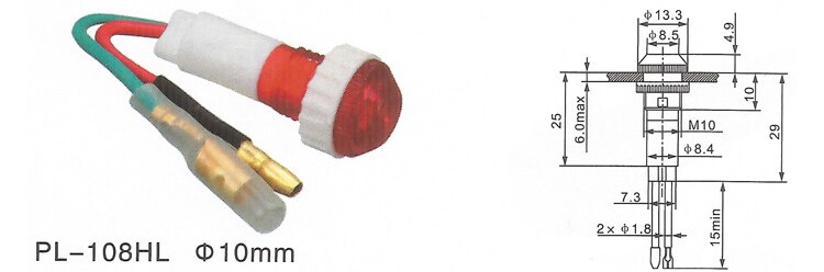 Lámpara piloto de 220v, neón, 10mm, plástico, 220V, luz roja de piloto de coche con conector, luz indicadora