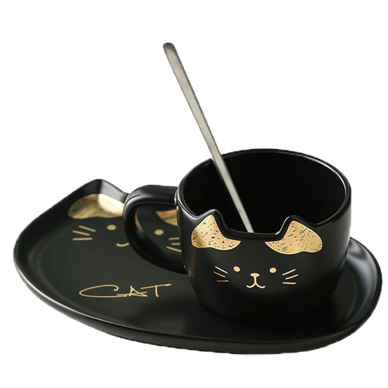 Cute Cat Ceramics Coffee Mug Set Handgrip Animal Mugs With Tray Drinkware Coffee Tea Cups Novelty Milk Cup Breakfast: new black