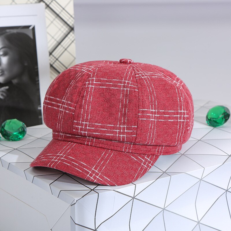 Koreansk rød baret retro ottekantet kasket nyhedsdreng baret hat vinter til kvinder smuk plaid afslappet unif baret