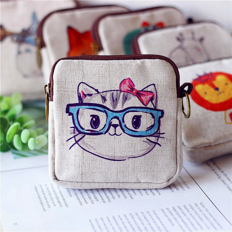 M022 Cartoon Lovely Fox Cat Printed Canvas Zipper Bag Geometric Square Multi-function Zero Wallet Women Student