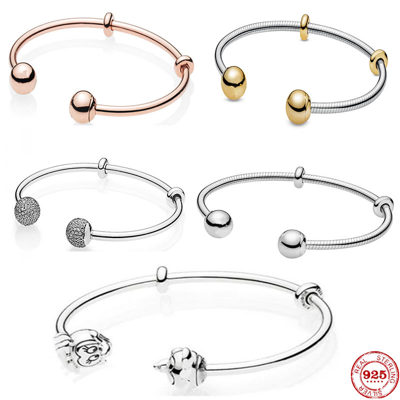 Pulsera de plata de ley 925 para mujer, brazalete abierto clásico con forma de corazón, compatible con abalorios originales, de joyería