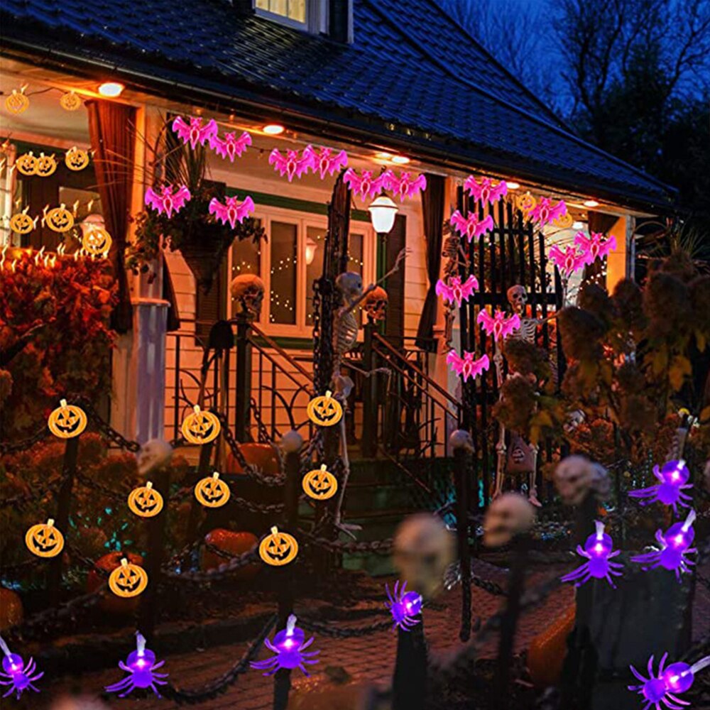 Halloween Lights String 10/20 LED Pumpkin Spider Bat Skull Light Battery Operated for Indoor Outdoor Party Decorations
