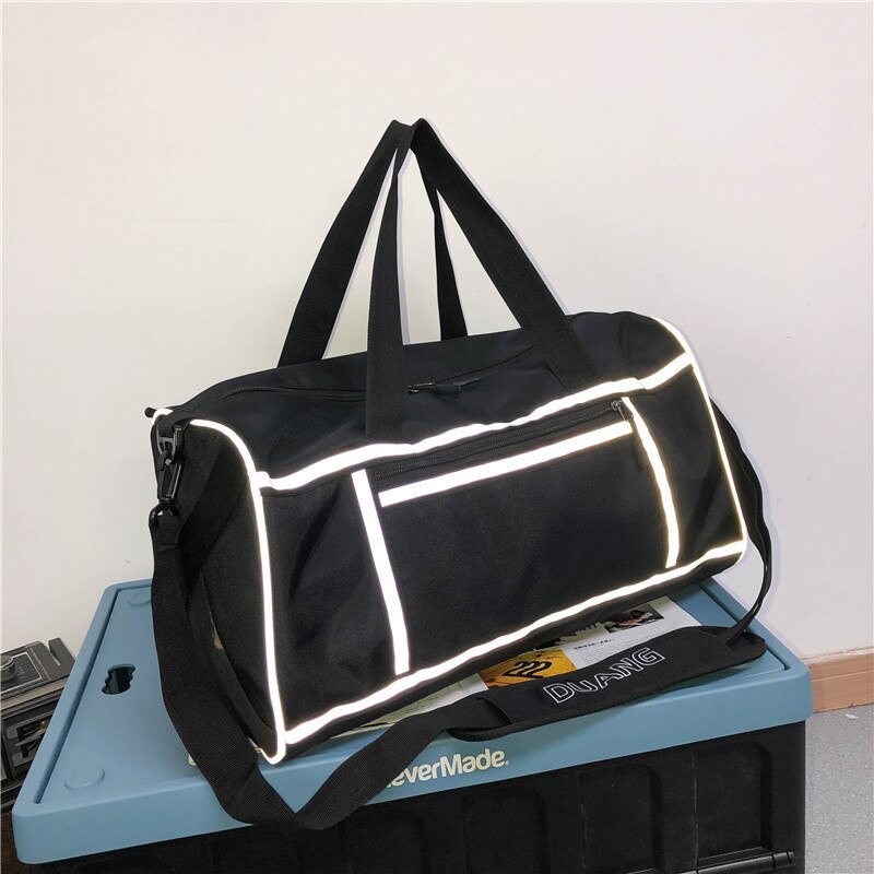 Gym Shoulder Bag With Reflective Stripe Dry Wet Separation Packing Organizer Waterproof Nylon Sport Travle Duffel Bags X236A: black