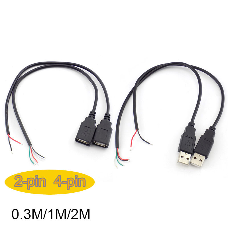 Cabo de alimentação de 0.3m/1m/2m, 2 pinos usb 2.0 a fêmea macho 4 pinos fio jack carregador cabo de carregamento conector de extensão diy linha 5v