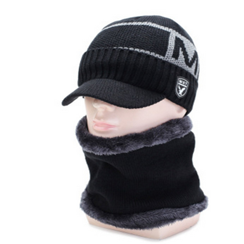Warme gefütterte Herren Wintermütze Schal Strick Cap Beanie invierno SkiSnowboard: Black