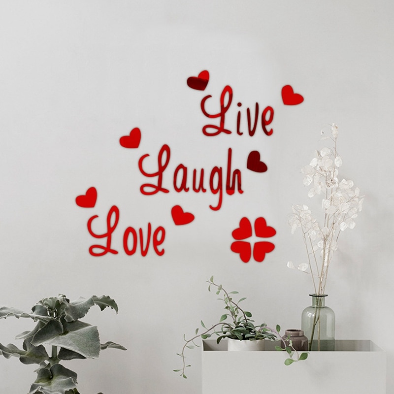 Aftagelig levende latter kærlighed spejl væg klistermærker breve og hjerte selvklæbende akryl tapet boligindretning kunst vægmaleri indretning