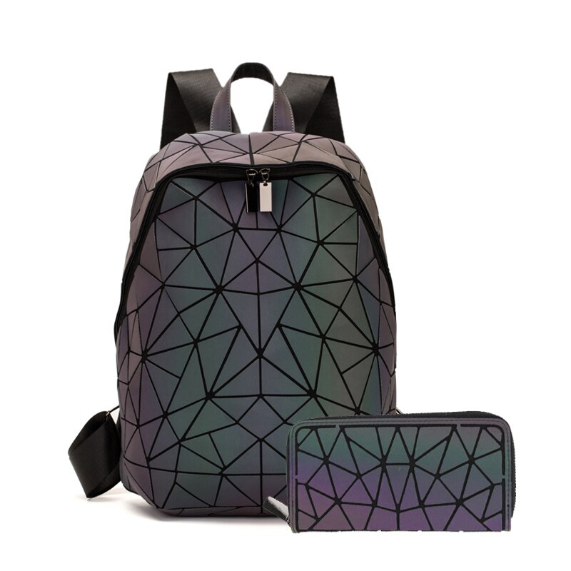 Kvinder rygsæk skole foldbar crossbody taske til damer clutch og pung geometrisk lysende laptop taske holografisk 3 stk sæt: Rygsæk 2 stk a