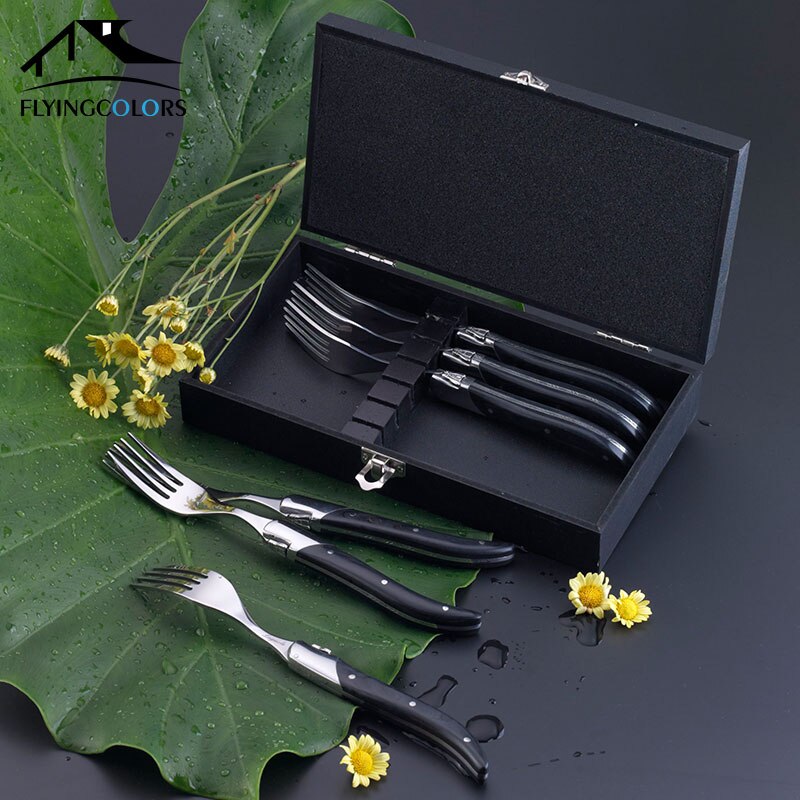 Laguiole Black Wood Knives 6-Piece Black Wooden Handle Steak Knife Fork Spoon set Japanese Wood Cutlery Christmas 8.7 in