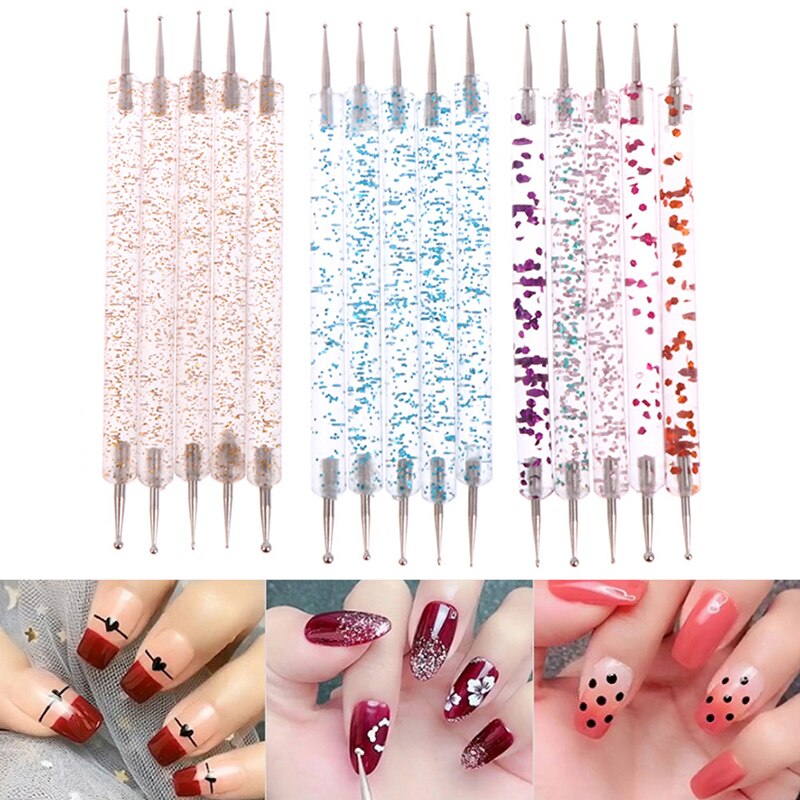 5 Stks/set 2 Way Puntjes Pen Marbleizing Tool Nail Art Dot Verf Gereedschap Uv Gel Schilderen Nail