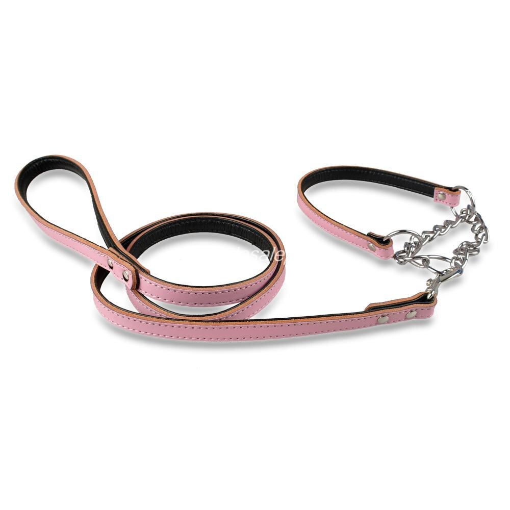 Lederen Hond Wandelen Leash & Half Chain Choke Pet Training Kraag Set: Roze / S