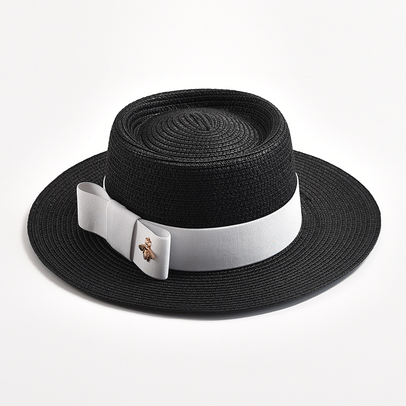 Sombreros de paja para mujer, sombrero de paja redondo con superficie irregular, Top plano con lazo, vestido, Gorra de viaje para playa, novedad de primavera y verano: Gris oscuro