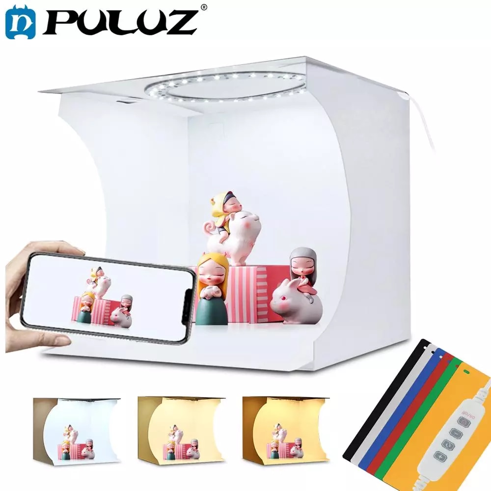 Puluz boîte à lumière avec anneau LED, Mini Studio Photo de 20cm, Kit de tente de prise de vue, 6 arrière-plans de couleurs
