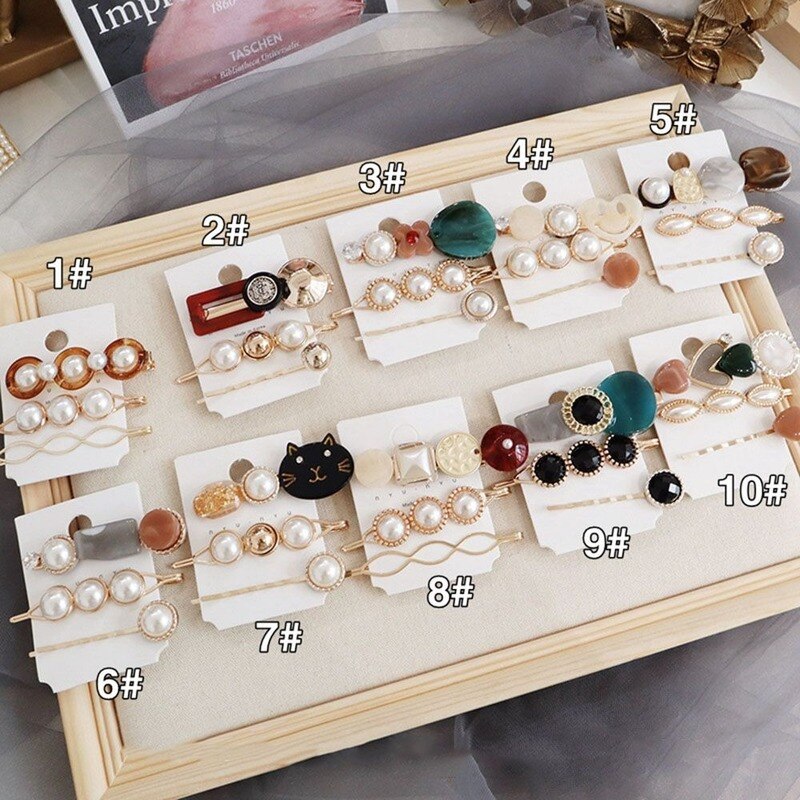 3PCS Korea Vintage Zoete Parel Haarspeldjes Parels Haarspelden Geometrische Bloem Barrett Vrouwen Haaraccessoires Hairgrip