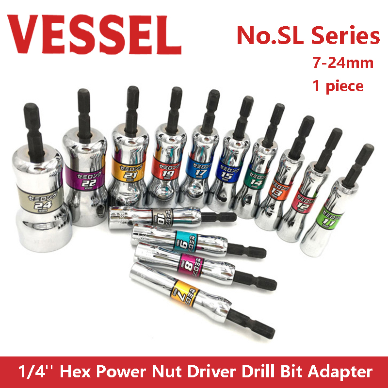 VESSEL Socket Wrench 1/4'' Hex Socket Nut Driver Drill Bit Adapter Electric Screwdriver Tool Accessories No.SL Series
