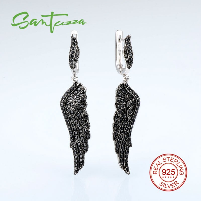 Santuzza Zilver Zwart Angel 'S Wing Oorbellen Voor Vrouwen 925 Sterling Zilveren Oorbellen Zilveren 925 Zirconia Brincos Sieraden