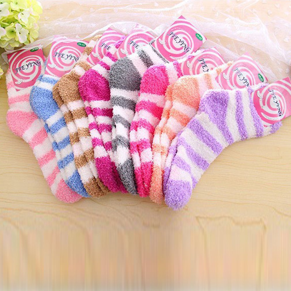 Winter Warm Socks Striped Coral Velvet Soft Bed Floor Socks Fluffy Warm Socks Boys Girls Casual Socks