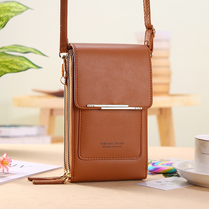Solid Color PU Leather Crossbody Bags For Women Female Shoulder Simple Bag Lady Mini Touchable Phone Purses And Handbags: Brown
