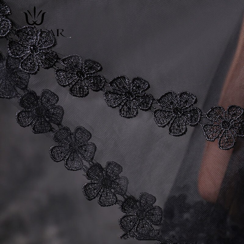 Retro Gothic Simple Muslim Bride Lace Veil Black Tulle Dress Women 1 Layer Short Black Wedding Veils Black Veil Bride Lace