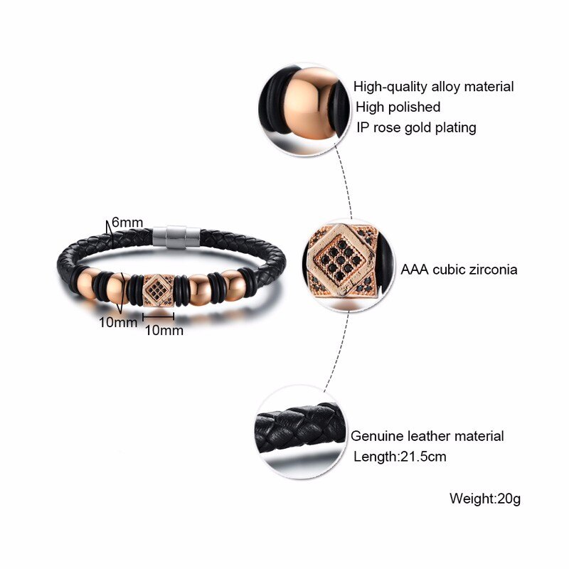 Stylish Mem Jewelry Rose Gold Tone Beaded and Black CZ Modern Mens Braided Leather Bracelet