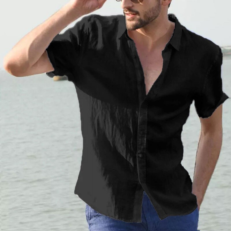 Herren lässig Kurzarmhemden Freizeit Straße tragen Revers Taste-Nieder Einfarbige Hemden für Männer Jahrgang Urlaubsbluse M-3XL
