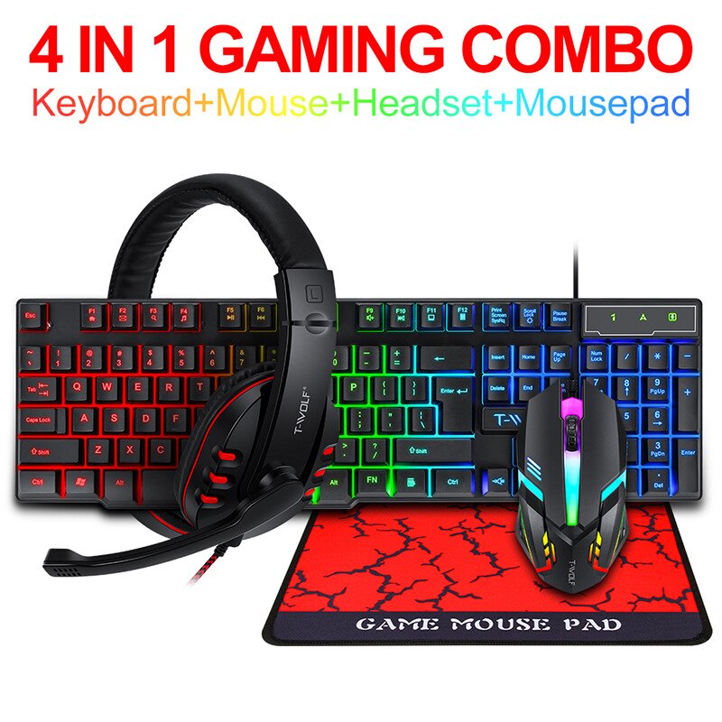 4 In 1 Gaming Keyboard Mouse Headset Set Mechanical Feeling Game 104 Keys Wire Keyboards Mice Pad Headphone Combos for PC Gamer