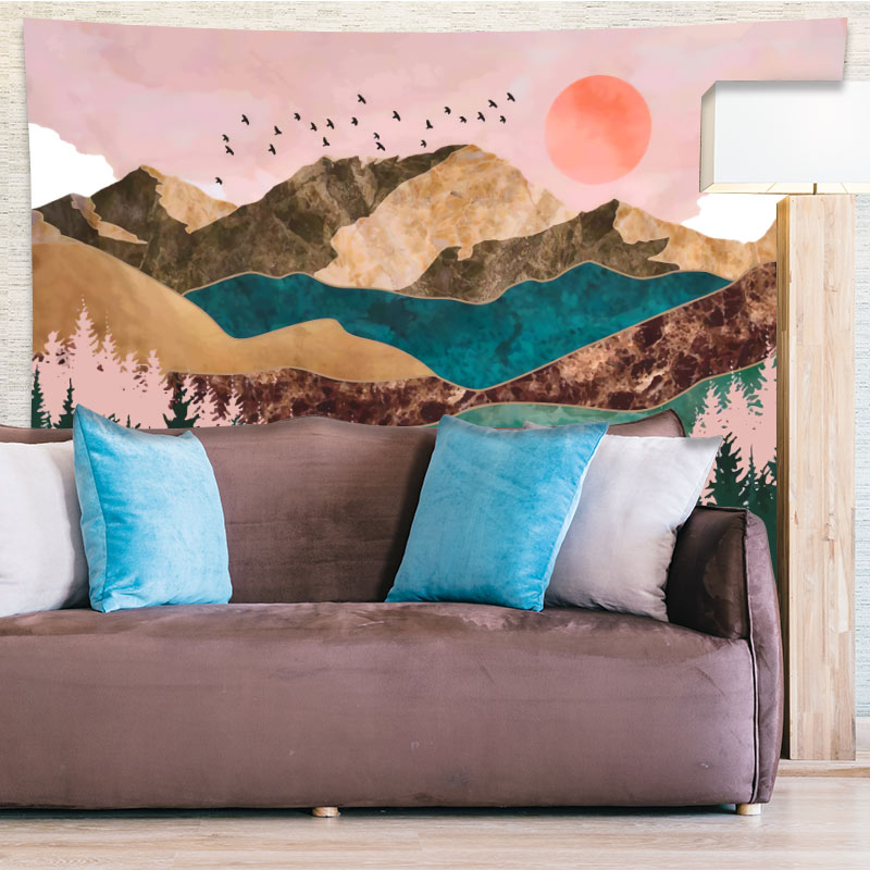 Mural de paisaje abstracto moderno, tapiz de pared de poliéster para decoración del hogar, montaña al atardecer, bosque, Pirnt Asuka
