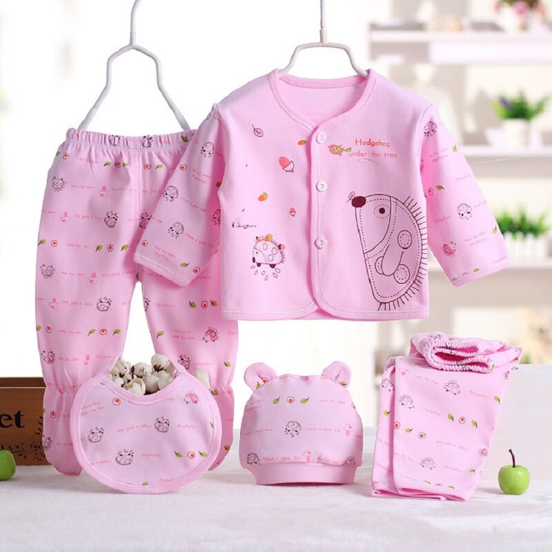 5pcs/sets Newborn Baby Unisex Clothing Soft Cotton Set Infant Long Sleeve Girls Shirt+pant Bibs Hat Suit Underwear