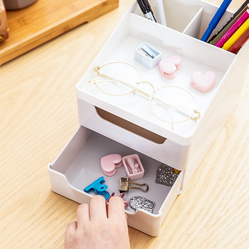 DELI Stationery Holder Student Papelaria Holder Office Three-tier File Tray Multifunctional Pen Holder Drawers Desktop Organizer