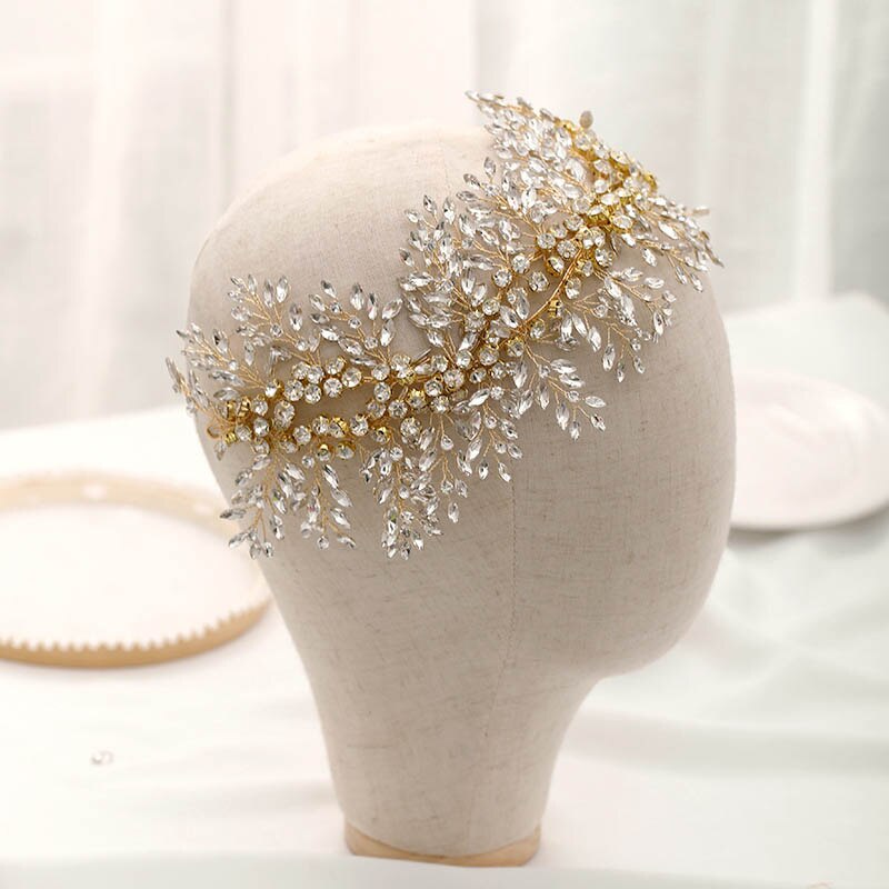 FORSEVEN joyería para el cabello para mujeres, diadema de hojas hecha a mano con diamantes de imitación de Color dorado, Tiaras nupciales, accesorios para el cabello de boda JL