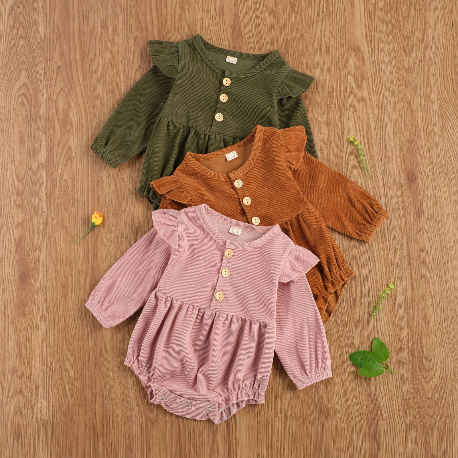 Focusnorm Herfst Mooie Baby Meisjes Jongens Bodysuits Knop Lange Mouwen Ruches Effen Jumpsuits 3 Kleuren