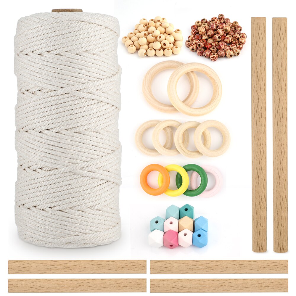 Macrame Cord Kits Natural Cotton Rope with Wood Ring Wood Stick for DIY Teether Macrame Kit Wall Hanging Plant Hanger: 147 pieces