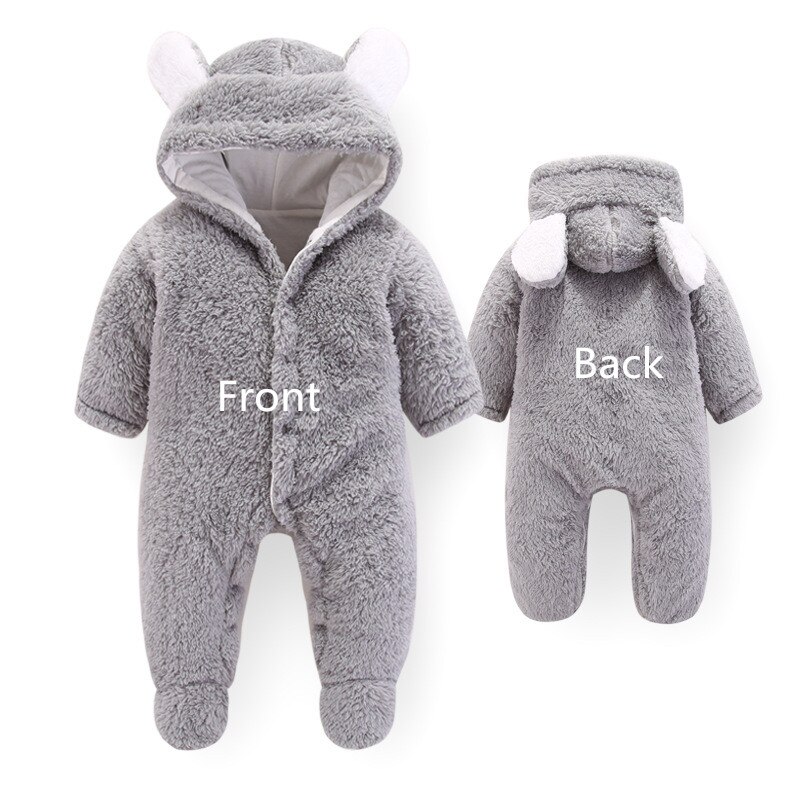 Baby Rompertjes Winter Jongens Meisjes Hooded Jumpsuit Thicken Warme Zachte Flanel Footsuit Kids Klim Schoeisel Kleding 1 Stuk: Grey / Pasgeboren