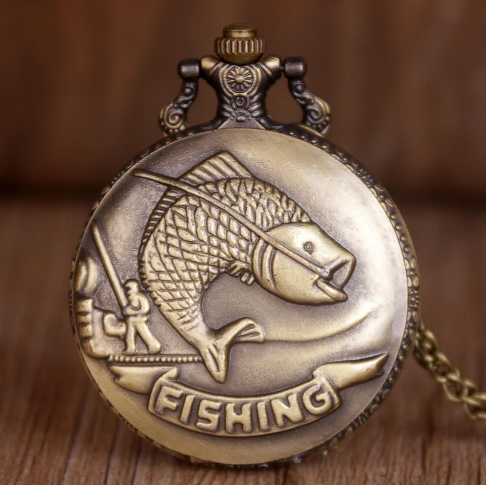Bronze vintage lommeur halskæde kæde vedhæng kvarts lommeur fiske tema herre ur fiske mønster til mænd kvinder