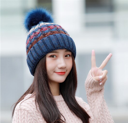 Dames muts warme winter outdoor pompon muts voor koud weer: Blauw
