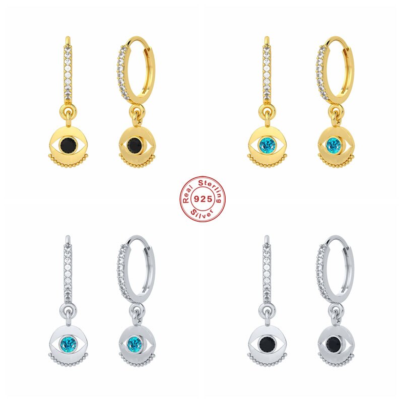 BOAKO 925 Sterling Silver Black Blue Zircon Eye Pendant Hoop Earrings For Women Luxury Bohemian Pave Crystal Circle Earring