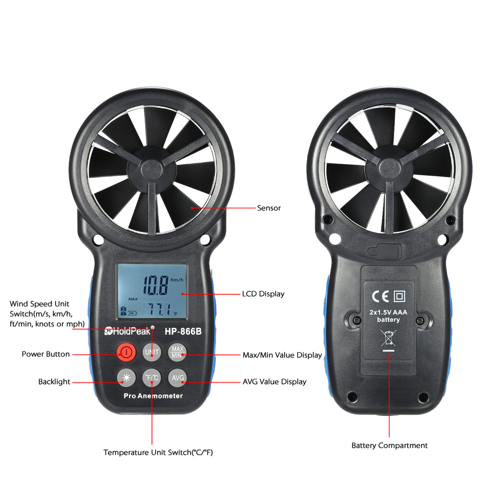 HP-866B Digital-Anemometer Temperatur Meter Mini Wind Meter Wind Geschwindigkeit Luft Geschwindigkeit Messung Wind Sensor Windmeter 0-30 mt/s