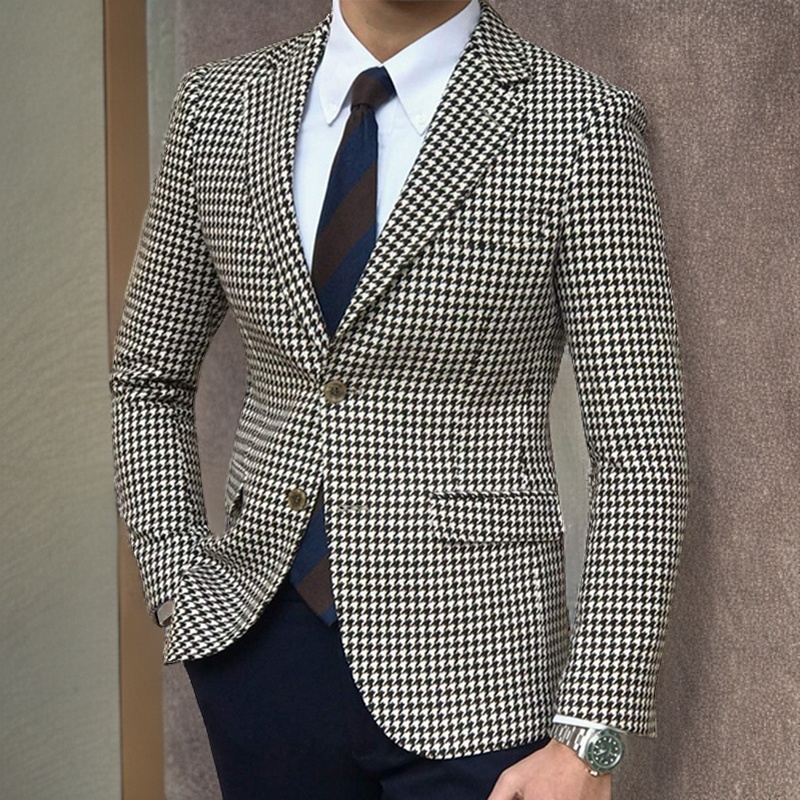 Blazer a cuadros de pata de gallo para hombre, chaqueta de traje de una pieza con 2 aberturas laterales, abrigo informal ajustado para hombre, ropa de 2023