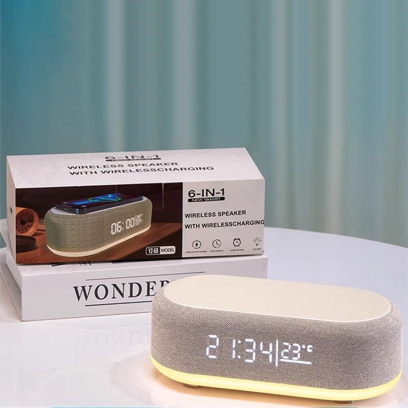 Multifunctionele 6-in-1 Bluetooth slimme luidsprekers met wekklok Kleurrijke RGB-sfeer Nachtlampje Draadloos opladen voor iPhone: WIT