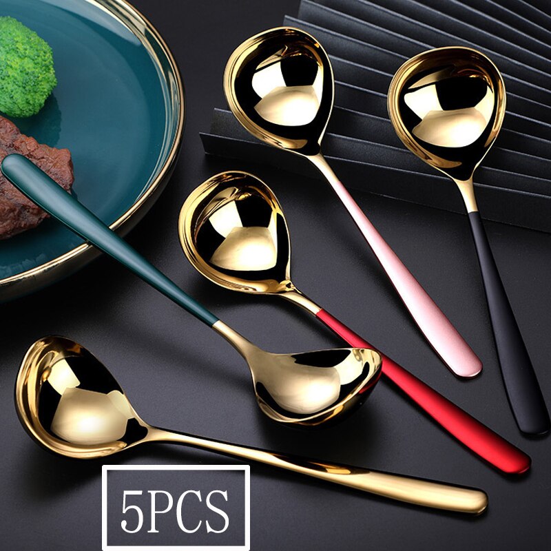 Cuillère à soupe à Long manche en acier inoxydable 304, petite cuillère à soupe, grande extrémité ronde profonde, cuillère à bouillie de ménage, grande cuillère à boire: 5 pcs