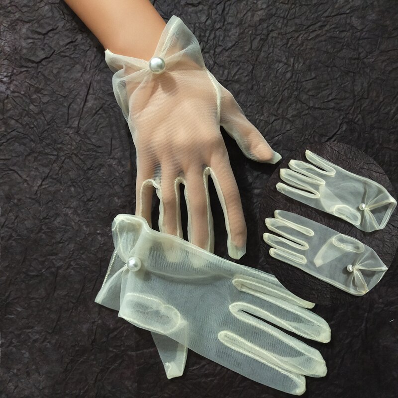 Guantes feminino transparente preto branco champanhe malha tule luvas clube festa dança sheer luva nupcial casamento cetim luvas: Champagne Tulle