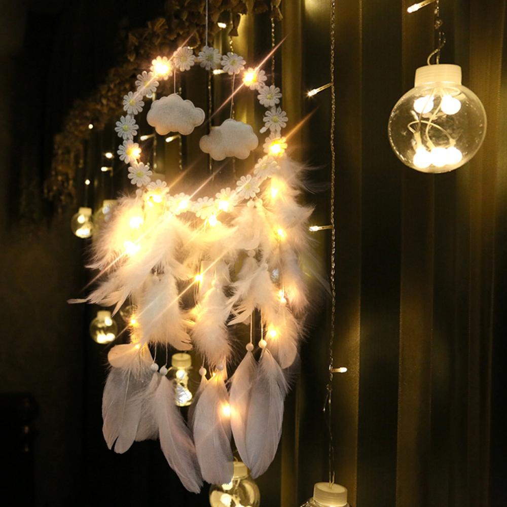 Daisy Handmade Dream Catcher with LED Light Dreamcatcher Pendant Hollow Wind Chimes Wall Hanging Home Decoration