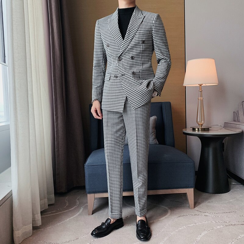 Jacket+Pants Double Breasted Houndstooth Suits Mens Business Formal Wear Slim Fit Wedding Dress Suits Costume Homme 3XL