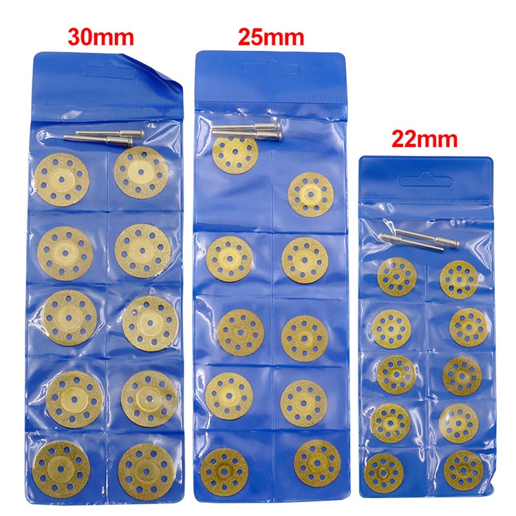 10 stuks/set 22/25/30mm mini diamant zaagbladen zilverkleurige slijpschijven met 2x aansluitschachten voor dremel boormachine passend op roterend gereedschap