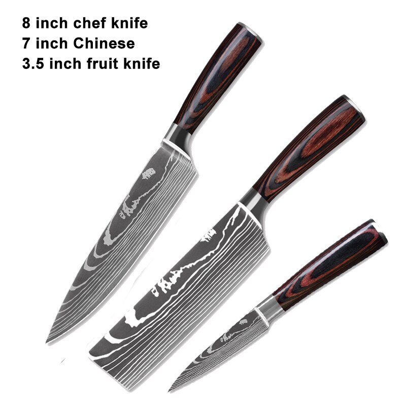 IWELAI Kitchen Knife Set Home Cook Knife Japanese 7CR17 440C Imitation Damascus Pattern Knife Nine-Piece Knife: 3pcs two