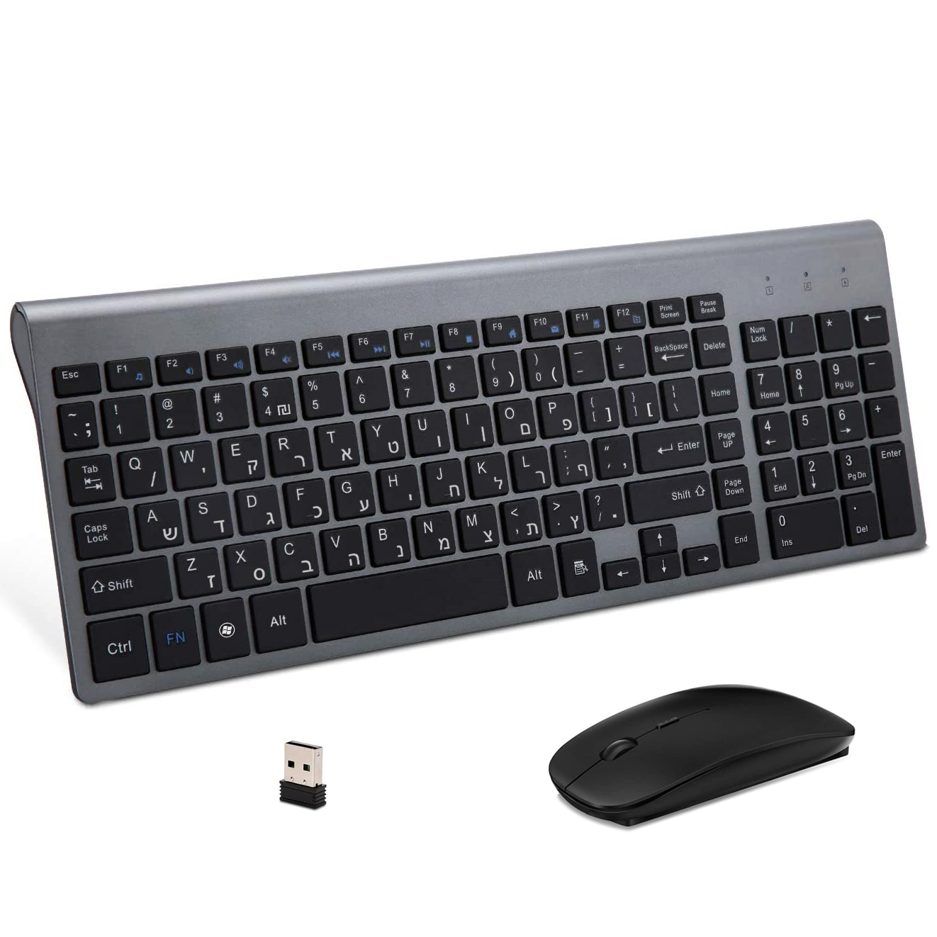 Hebrew Israel Wireless Keyboard Mouse Combos Ultra-Thin Multimedia Full-Size Keyboard and Mouse Low Noise for Notebook Laptop: Black Grey Hebrew