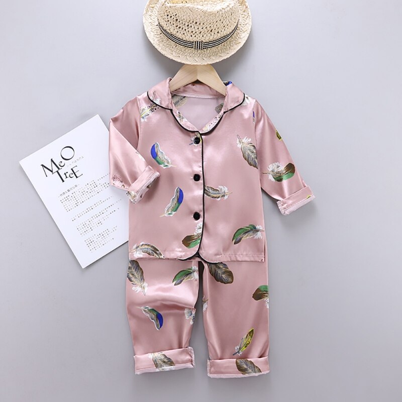 Style Children Cotton Long Sleeve Pajamas Suits Girls Boys Feather Print Sleepwear Set Blouse Tops Sleep Pants