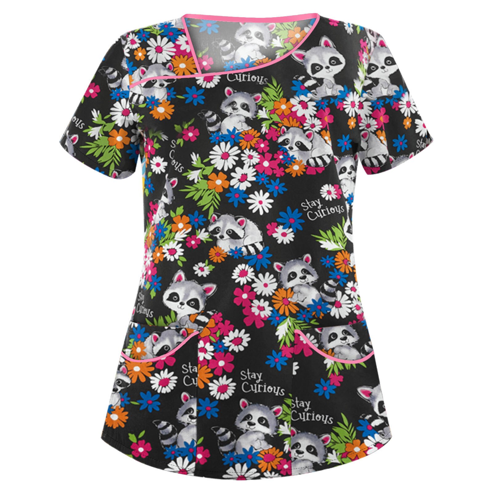 Verpleegkundige Wuniform Omen Korte Mouw V-hals Tops Werken Uniform Cartoon Print Blouse Verpleging Scrubs Top Beschermende Kleding A40: BK / L