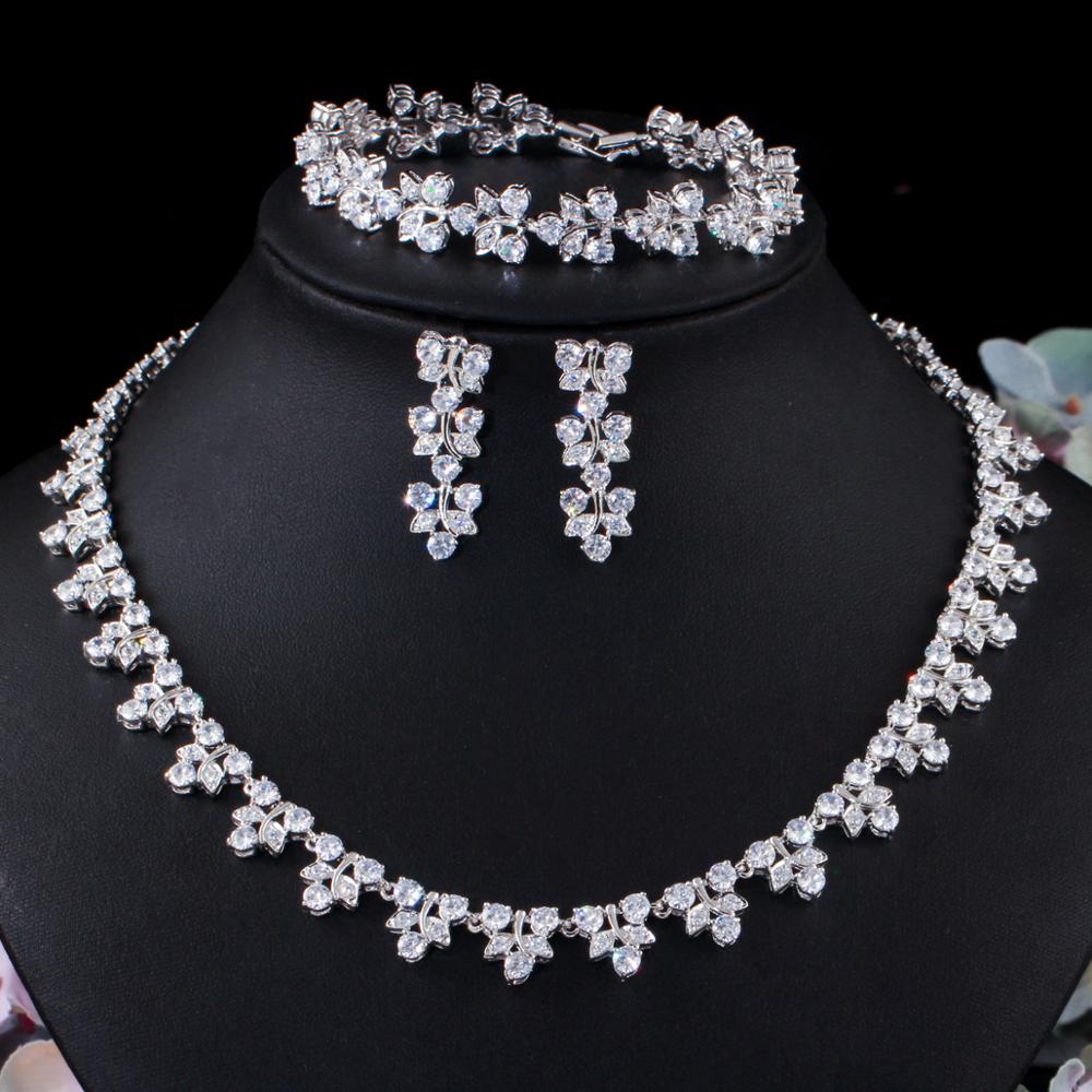 CWWZircons Luxury Dubai Nigeria Green CZ Crystal Wedding Prom Necklace Jewelry Set for Brides Party Costume Accessories T477: white