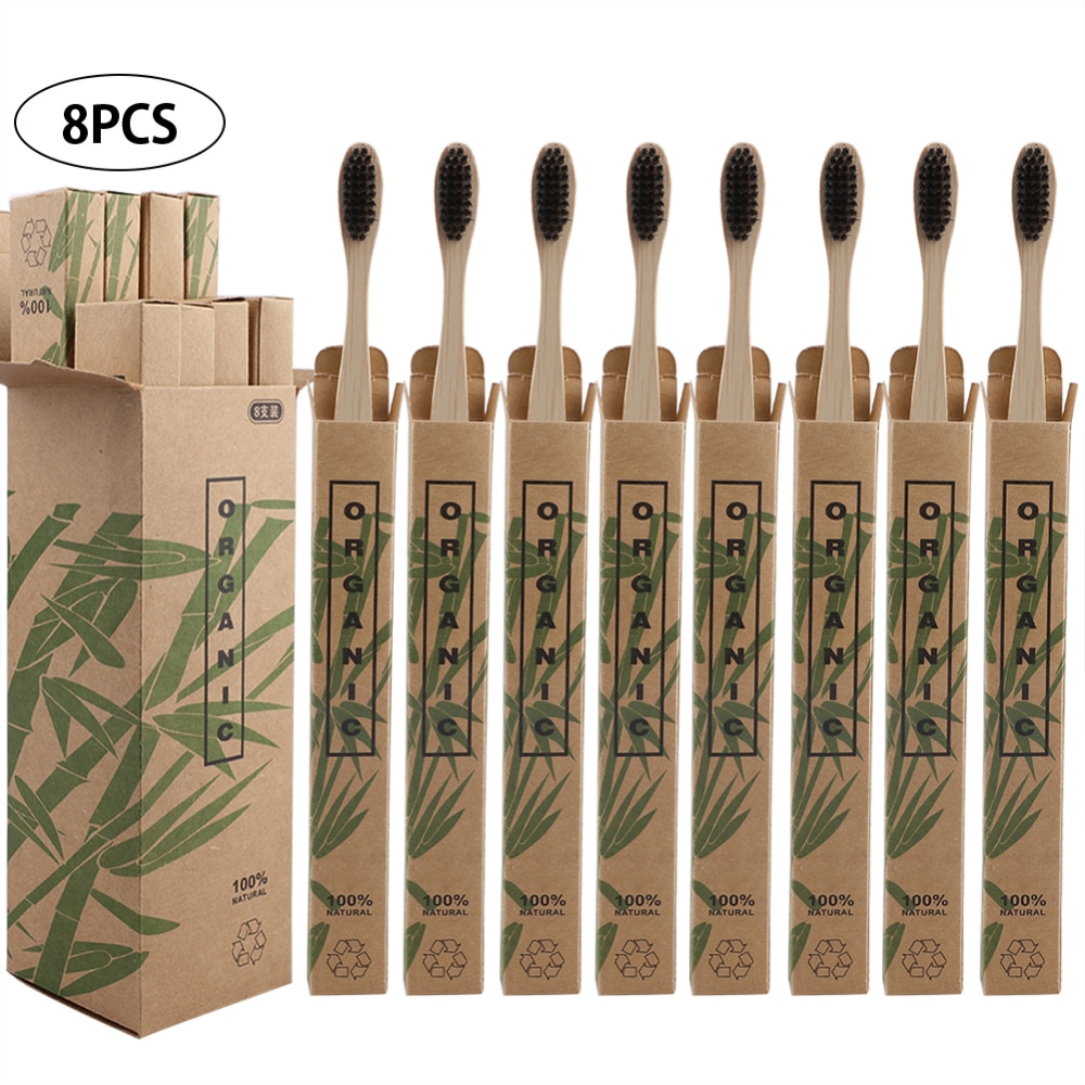 8pcs Eco-friendly Travel Bamboo Toothbrushes Soft Bristle Oral Care Tooth Brush: Black