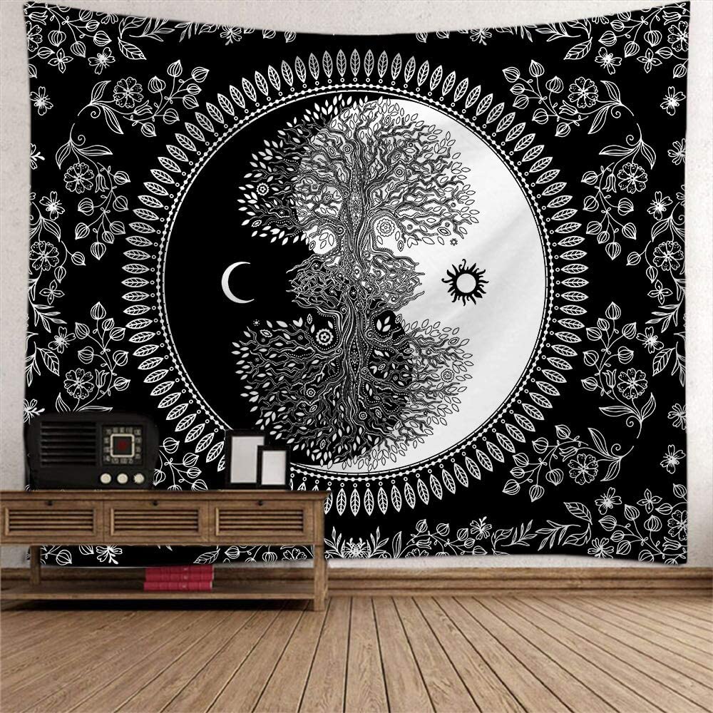 Tapiz colgante de pared de Luna solar Yin Yang, manta de decoración Hippie bohemia de árbol de la vida, blanco y negro, para sala de estar, dormitorio